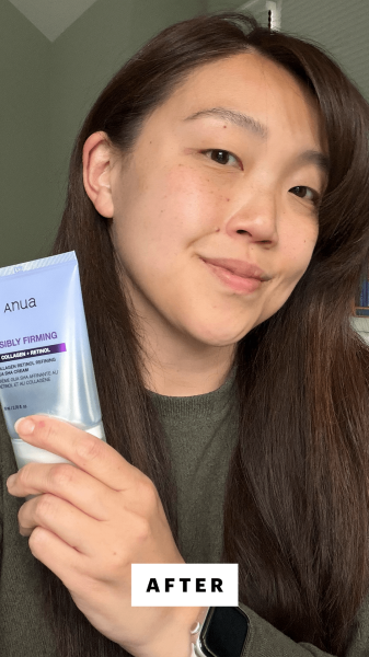 Lee after applying the Anua Collagen Retinol Refining Gua Sha Cream